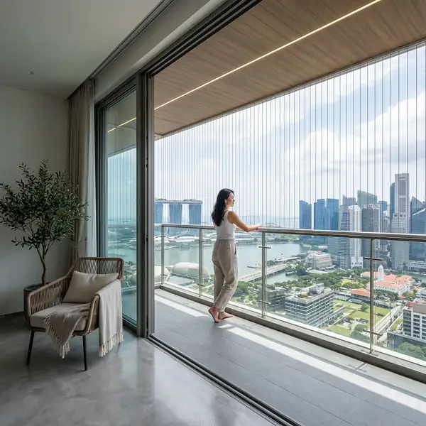 Modern invisible grills installed on apartment balcony - Swathi Safety Nets